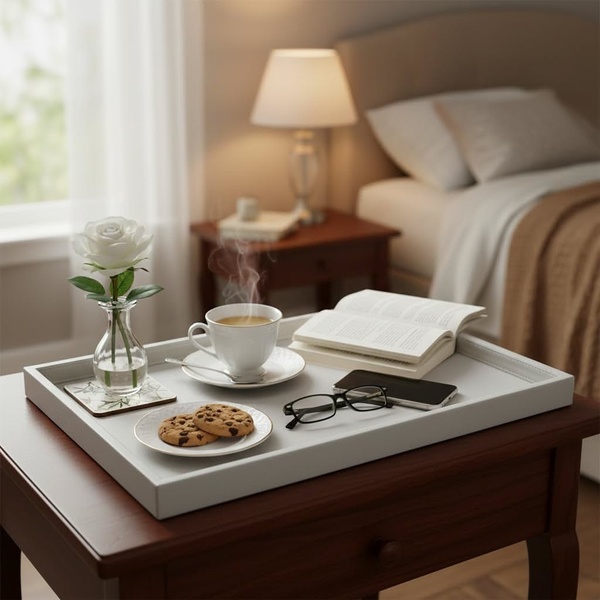 serving tray, ottoman tray, breakfast tray, coffee table tray, decorative tray, lifestyle, calm, neutral, brown